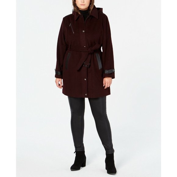NEW Sz Medium M Michael Kors Belted faux Leather Trim Wool Hooded Coat Burgundy - Picture 3 of 9